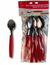 COLHER DE CHA INOX CABO PLASTICO VERMELHO C/6 - Distribuidora 12 de Outubro